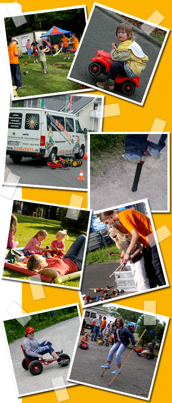 Spielmobil voller spa&szlig;iger Ger&auml;te und Fahrzeuge, mit denen sich die Kids nicht nur im Freien austoben k&ouml;nnen: Bobby-Cars, Fun-Racer, Crazy-Bikes, Swing-Car, Pedalos, Stelzen, Pogo-Sticks, Sommer-Ski, Kinder-Hau-den-Lukas, Mini-Trampolin, Stelzen, Schwungt&uuml;cher, Tisch-Fu&szlig;ball und alles f&uuml;r den Erfolg der Kinderbetreuung bei Ihrer Veranstaltung.