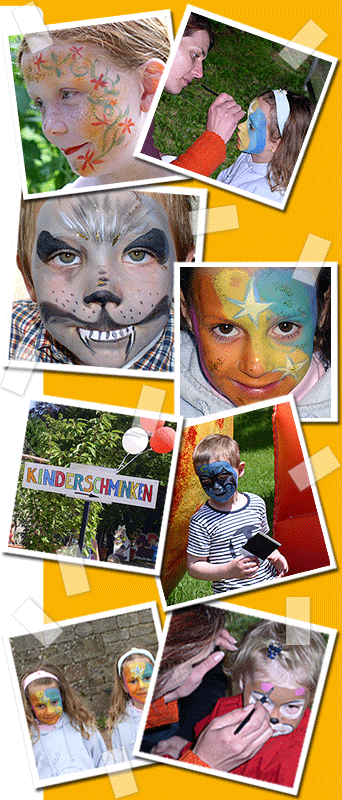 Kreatives Kinderschminken verzaubert und verwandelt Kindergesichter und beinhaltet auch das Malen von Masken und Deko, Gesichter-Bemalen von Kindern für Kinder oder sogar einen richtigen Kurs in Kinderschminken durch professionelle Schminkkünstler/innen. Auf den Bildern ...